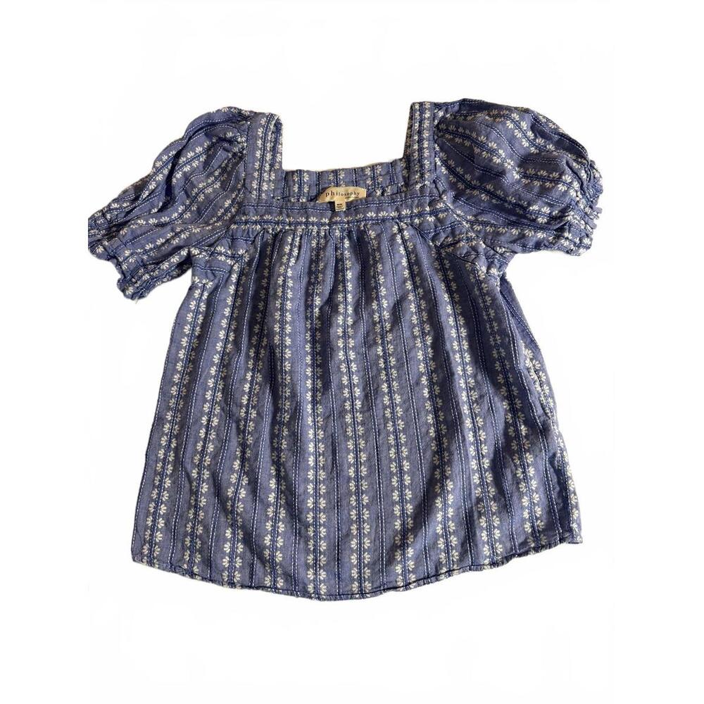 PHILOSOPHY Boho country Denim Embroidered Baby Doll Short Sleeve Cotton Top SZ M